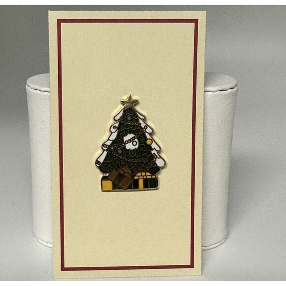 Vintage Cloisonne Christmas Tree Lapel Pin Gold Tone Presents Underneath 1-1/4" - Picture 2 of 8